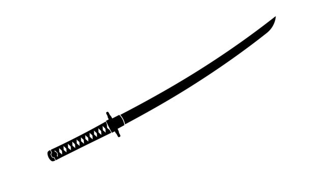 Japanese katana sword, black samurai blade, vector illustration, sword icon isolated on White Background Silhouette