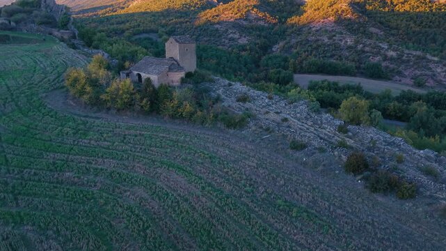 Aerial view from a drone of the Church of San F&eacute;lix in Rap&uacute;n, in the municipality of Sabi&ntilde;a&ntilde;igo, Alto Gallego region, province of Huesca, Autonomous Community of Aragon, Spain, Europe