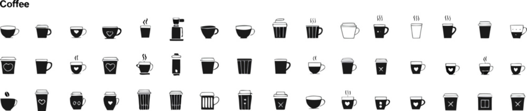 Collection of various coffee cup icons in different styles and designs for graphic resources