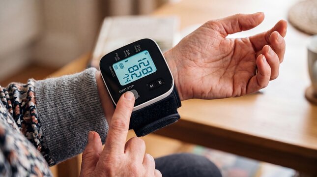 Person Using Digital Wrist Blood Pressure Monitor