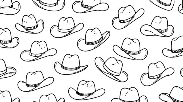 Repeating Pattern of Cowboy Hats in Black and White.
