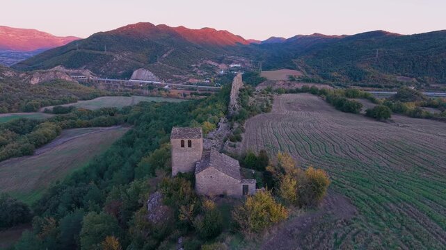 Aerial view from a drone of the Church of San F&eacute;lix in Rap&uacute;n, in the municipality of Sabi&ntilde;a&ntilde;igo, Alto Gallego region, province of Huesca, Autonomous Community of Aragon, Spain, Europe