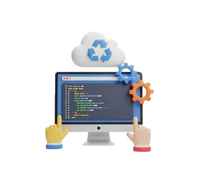 Computer screen with code and cloud, concept of cloud computing, software development, and IT services