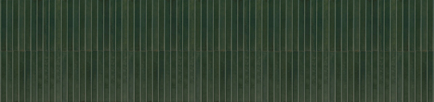 Vertical deep olive green ceramic mosaic strip tiles arranged in a stacked wall pattern
