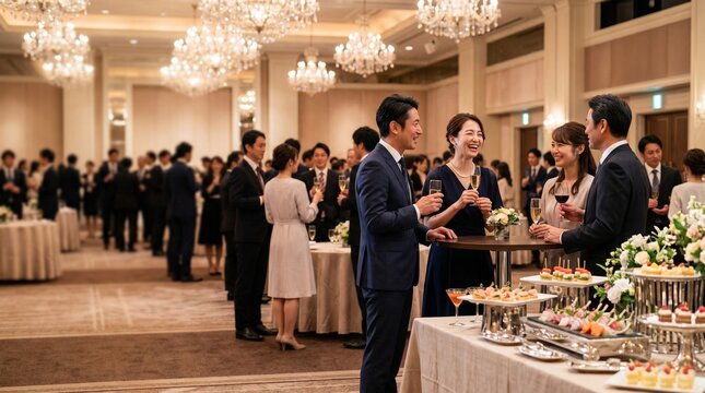 ホテルの華やかなパーティーで歓談するビジネスパーソン