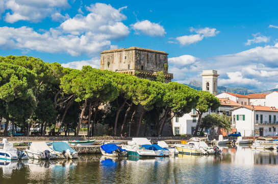 Viareggio panoramic view of Torre Matilde and old docks, Burlamacca canal Versilia, Lucca Tuscany, Italy.