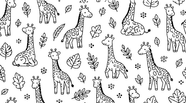 Playful giraffe pattern with leaves and flowers.