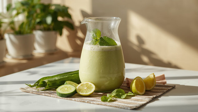 朝の台所でグリーンスムージーと野菜を並べた健康的な写真