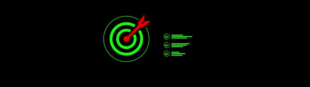 Business goal setting and strategic success concept with holding digital target icon and checklist, symbolizing planning, achievement, focus, and performance tracking for objectives. animation