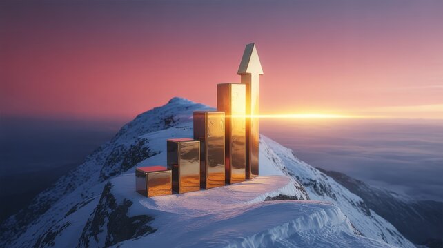 Financial growth bar chart on snowy mountain peak, golden rising arrow graph at sunrise, business success and achievement concept