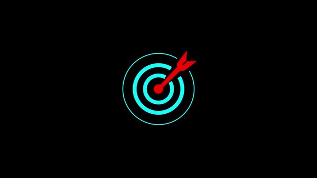 Business goal achievement and strategic target success concept with glowing target icon and arrow in, representing precision planning, KPI performance, leadership strategy, successful business.