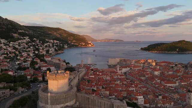 Dubrovnik old town aerial of the round fortress tower and everything inside