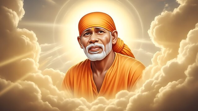 Portrait of Sai Baba surrounded by divine light and clouds.