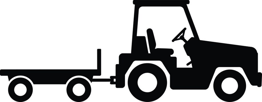 Farm Tractor with Flatbed Cargo Trailer Side View Silhouette Vector Illustration