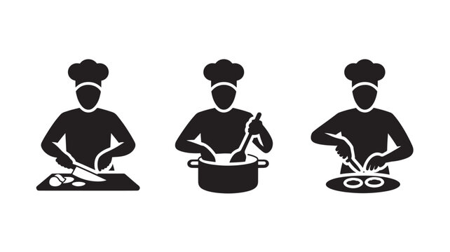 Chefs Cooking Silhouette Icons Set Demonstrating Cutting, Stirring, and Food Preparation