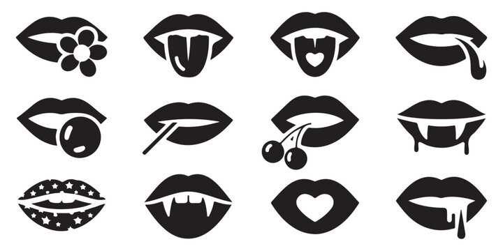 Diverse black lips icons featuring flowers tongue dripping liquid and vampire styles for creative graphic design.
