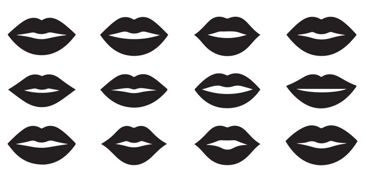 Various black lip shapes isolated on white background for beauty and fashion graphic design projects and illustrations.