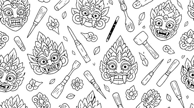 Traditional Balinese Barong Masks and Tools Pattern.