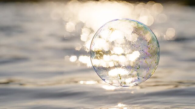 A large soap bubble floats on rippling water with sunlight reflecting off its surface.