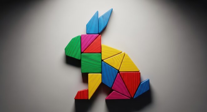 Seven geometric wooden pieces arranged on a neutral surface forming a recognized shape, emphasizing problem-solving and creativity, dissection, toy, arrangement