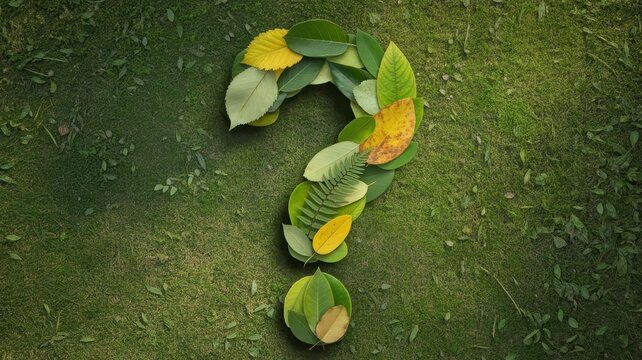 Green leaf question mark on mossy forest floor, organic nature symbol for environmental questions, sustainable ecology concept with foliage