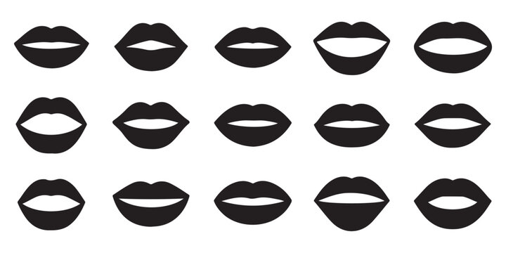 Set of black lip icons isolated on white background depicting various mouth shapes and expressions for beauty design.