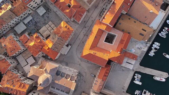 Stradun and Tvrdava Minceta aerial top down Dubrovnik old town over the red rooftops