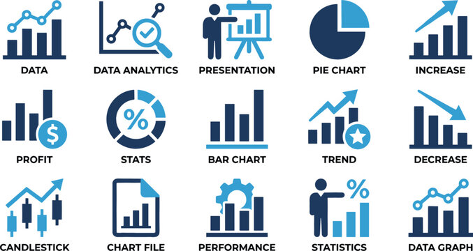 Business Data Analytics and Infographic Graph Icon Set with Bar Charts Pie Charts and Financial Trend Symbols