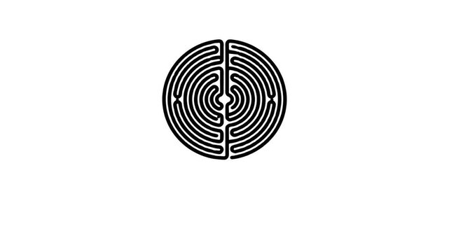 A circular logo design featuring a maze pattern on a white background