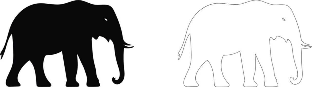 Elephant Silhouette and Outline Vector Illustration Set