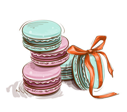 Vector color illustration of a French dessert in delicate tones with a gift bow