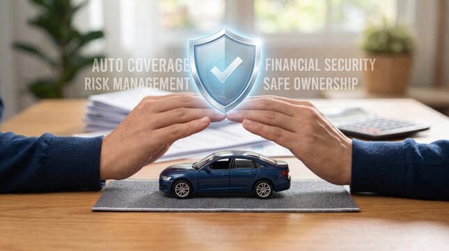 Hands protecting a car with a shield symbolizing auto insurance coverage and financial security for safe vehicle ownership and risk management