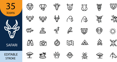 Set of 35 safari wildlife animal line art icons for nature travel and zoo design with wildlife adventure elephant set, safari, wildlife, animal, line, art, icons, nature,  © Subarna
