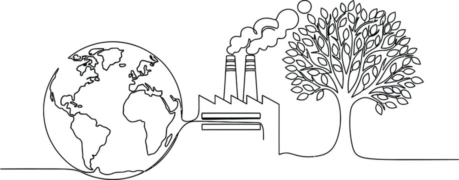 Conceptual line art drawing showing the impact of industry and pollution on the global environment and ecosystem with pollution environment industry