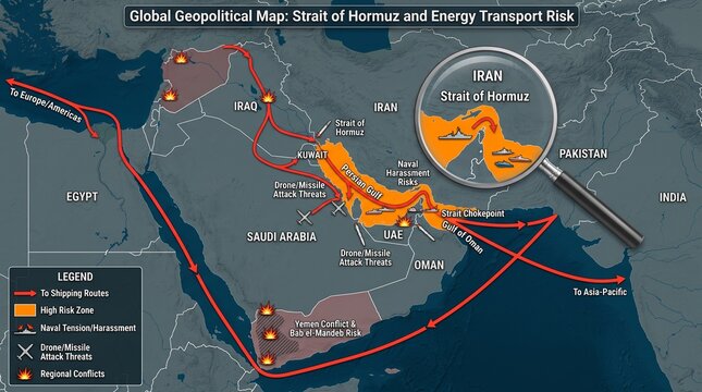 Global geopolitical map showing strait of hormuz and energy transport risk with various shipping routes and conflict zones marked