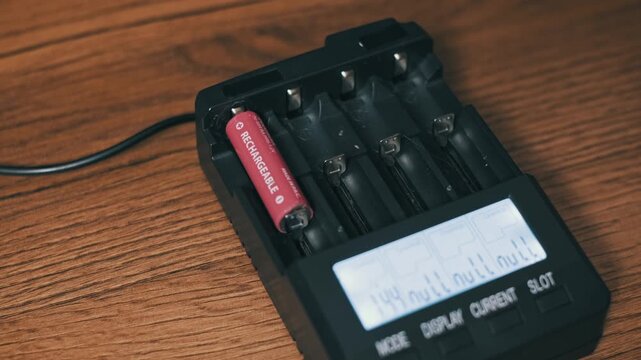 Close-up of a hand inserting four pink rechargeable AA batteries into a black charging station. The digital LCD screen activates, displaying the charging status on a wood desk.