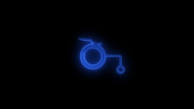 Glowing Blue Neon Wheelchair Racing Icon and Sports Logo Isolated on Black Background - Minimalist Disability Athletics, Adaptive Fitness, and Inclusion Concept Animation VideoBlack Background .