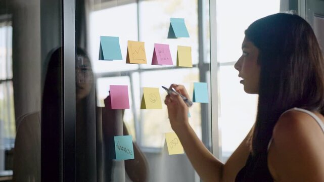 An Indian professional brainstorms new ideas in an office. She writes concepts on colorful sticky notes and organizes them on a clear glass wall during a collaborative meeting