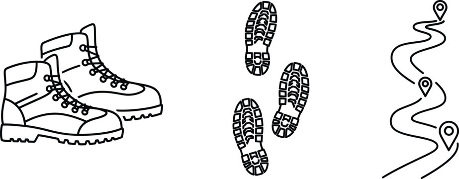 Hiking and trekking icon set outlined with trekking footprints adventure outdoors destination navigation exploration footwear minimalist
