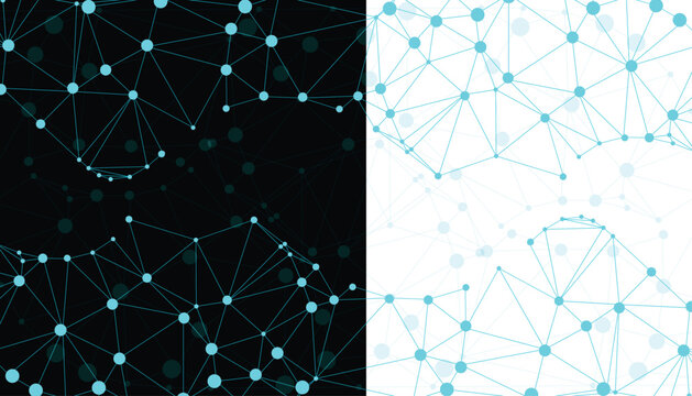 Abstract technology background with split black and white contrast, digital network connection plexus with teal nodes and lines