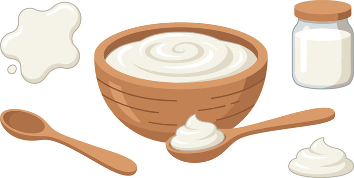 Fresh dairy yogurt vector set with sour cream in wooden bowl glass jar milk splash and spoons isolated on white background for design