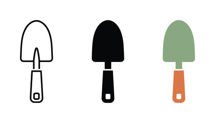 Set of gardening trowel hand shovel icons displayed in outline solid black and flat color styles for landscaping and construction tool design concepts isolated on a neutral white background © Pure
