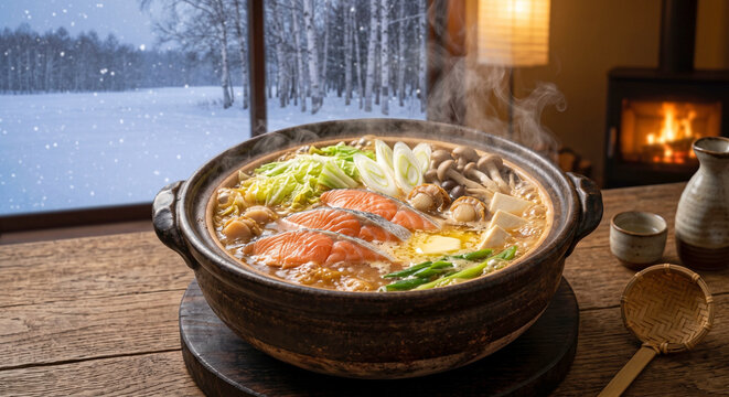 Steaming traditional Japanese salmon hot pot with butter, inspired by Hokkaido Ishikari Nabe, with a snowy winter forest and fireplace view