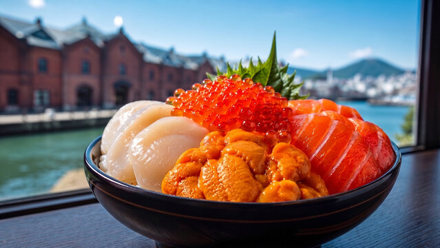 Premium Japanese seafood bowl Kaisendon, inspired by Hokkaido cuisine, served by a window with a scenic blurred harbor and red brick warehouse view