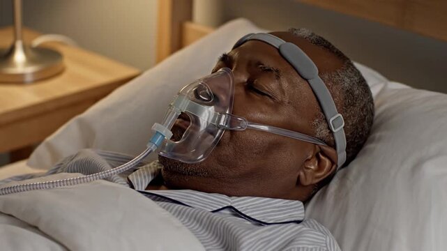 Senior Black man sleeping in bed wearing a CPAP mask for sleep apnea treatment
