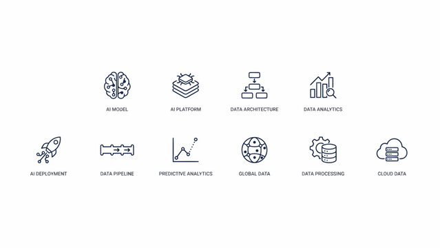 Set of eight minimalist icons representing artificial intelligence and data processing concepts . Vector Flat Illustration.