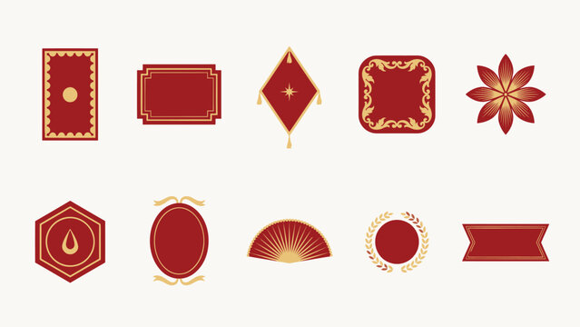 Elegant red envelope and fan shaped gift tags with decorative gold borders . Vector Flat Illustration.
