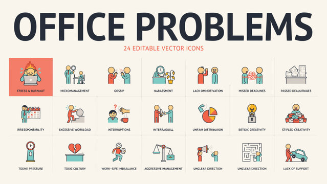 Set of 16 colorful office problems vector icons illustrating common workplace issues . Vector Flat Illustration.