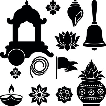 Black silhouettes of Indian cultural and religious symbols on white background