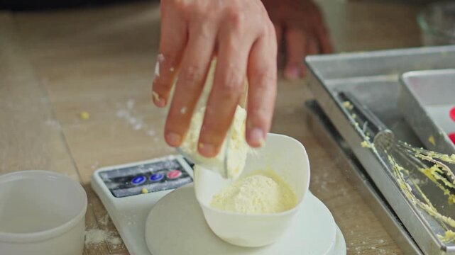 Close up hand hand pouring powdered milk into bowl on digital scale for cookie dough preparation.